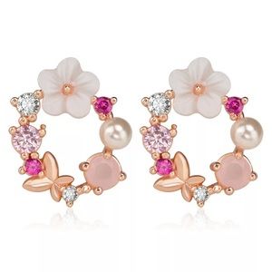 Diamond flower pearl bouquet w rose gold butterfly